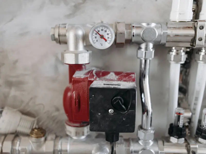 Cv-pomp met drukmeter en verdeler aan een muur